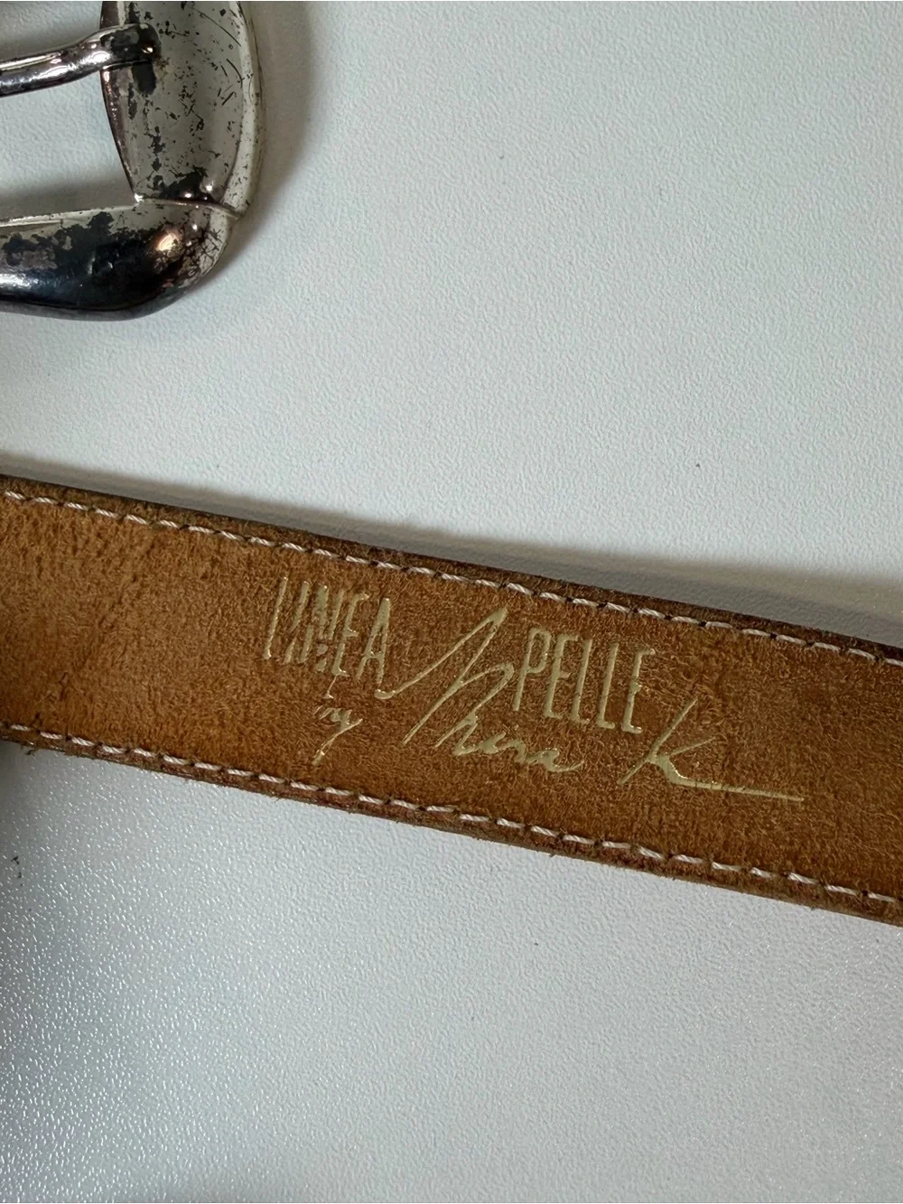 Linea Pelle by Mira K Medium Brown Genuine Leather Belt Distressed Silver Buckle
